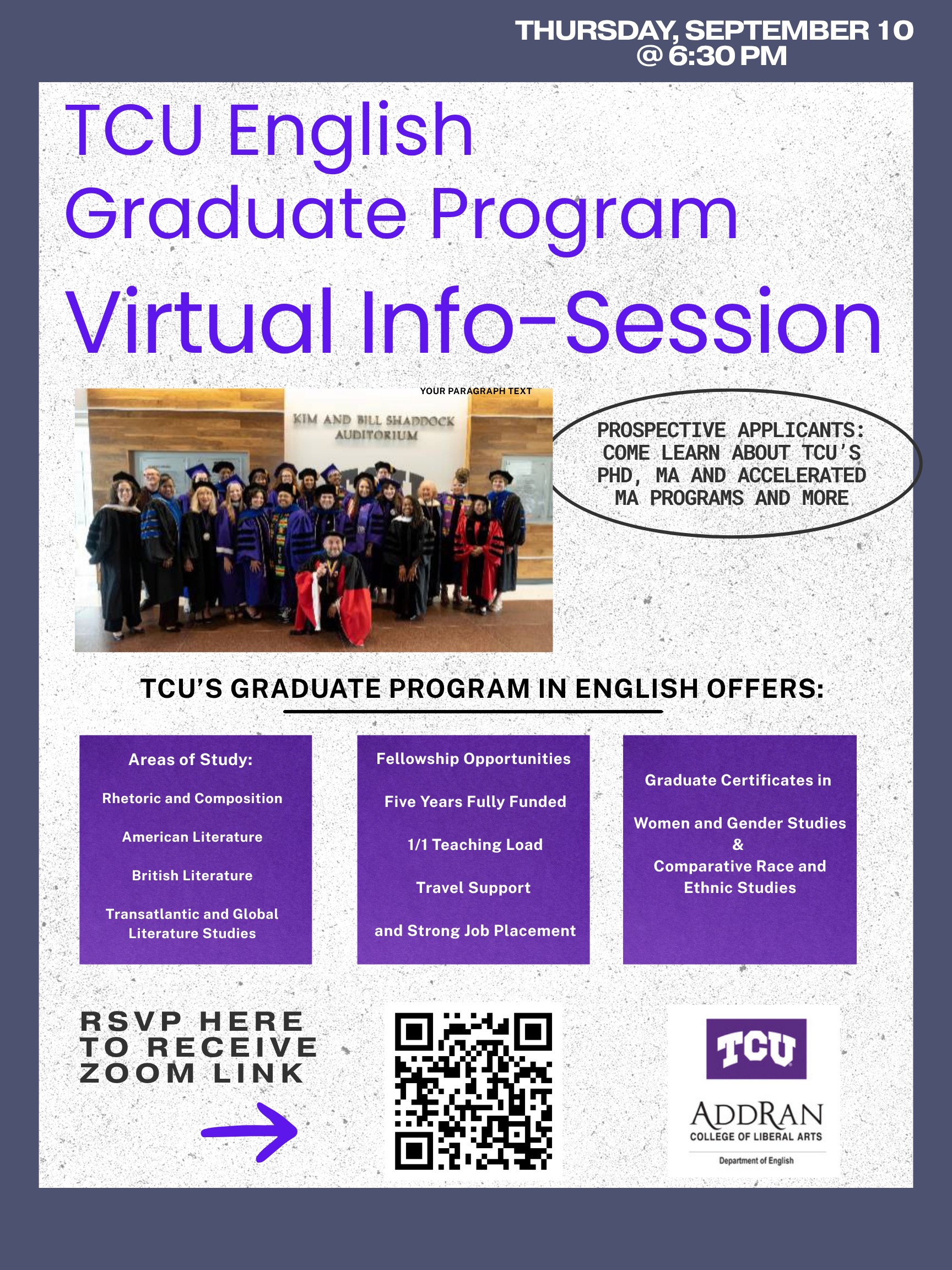 Graduate Info Session September 10 at 6:30 on Zoom