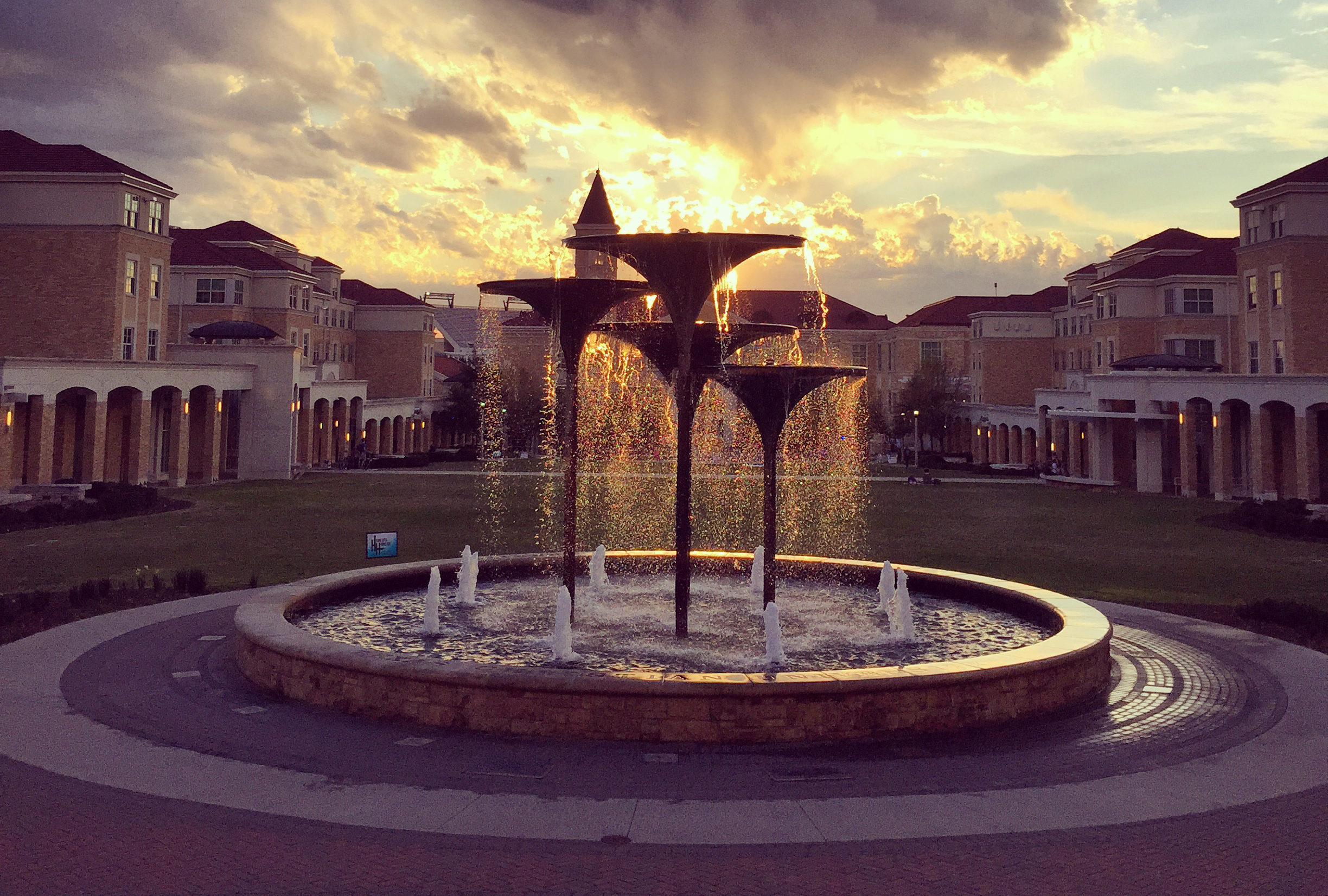 frog fountain at sunset