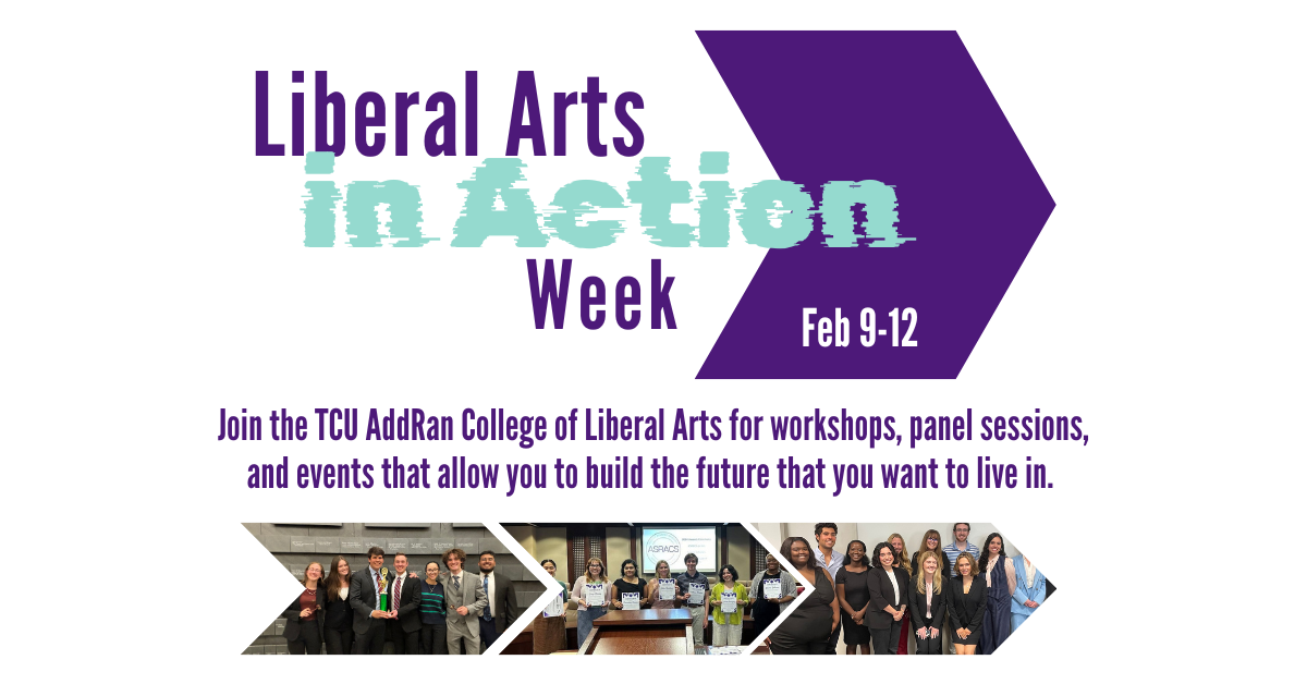 Text containing Liberal Arts in Action Week with arrows in the background