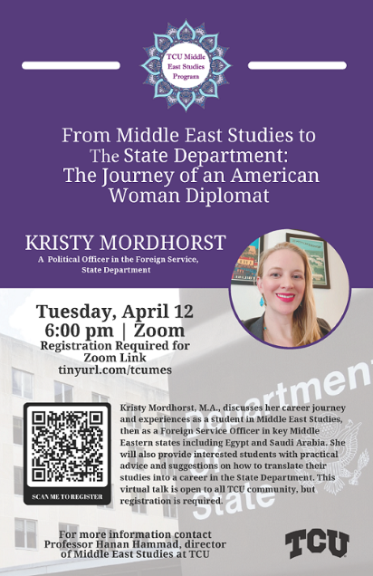 Kristy Mordhorst, an international relations officer with the U.S. State Department, is scheduled to speak with Middle East Studies students on Tuesday, April 12, 2022. 
