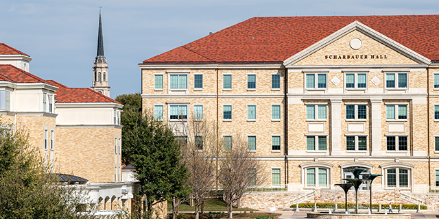 Exterior of Scharbauer Hall and Frog Fountain