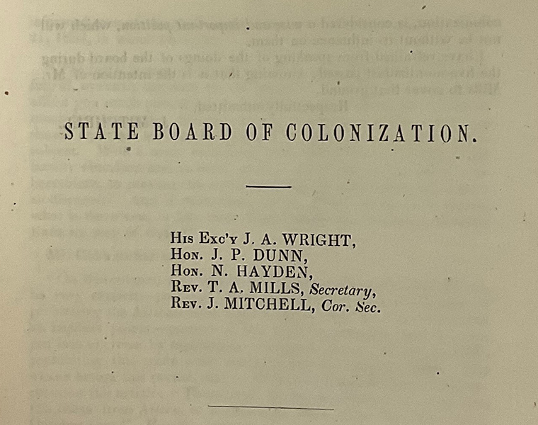 Back page of the 1855 report of Agent of the Indiana Colonization Society submitted to the State Board of Colonization for Indiana. Written by Rev. James Mitchell. Of note are Joseph A. Wright, Governor of Indiana and Isaac Blackford, Indiana state Supreme Court Justice. | Credit Samuel Davis, Ph.D. 