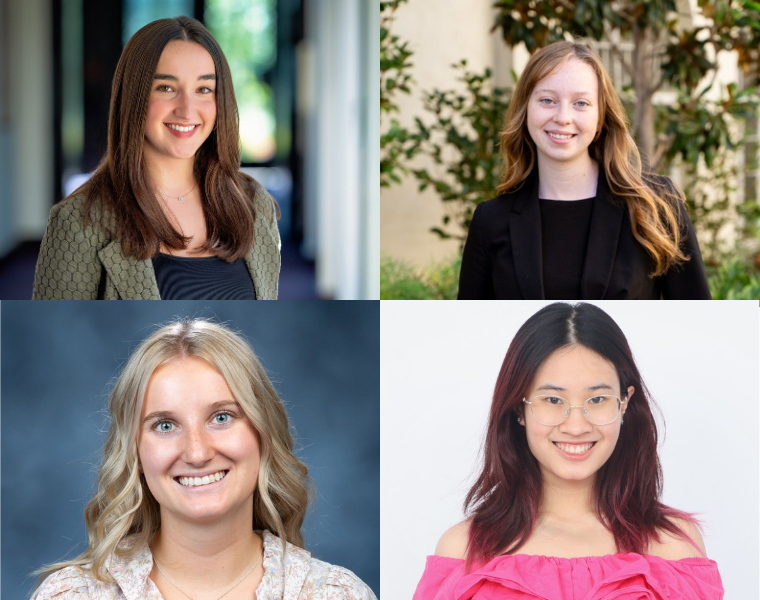 Headshot images of Olivia Dugger ’25, Ainsley Elliott ’25, Carolyn Kennett ’25 and senior Chi Hoang.